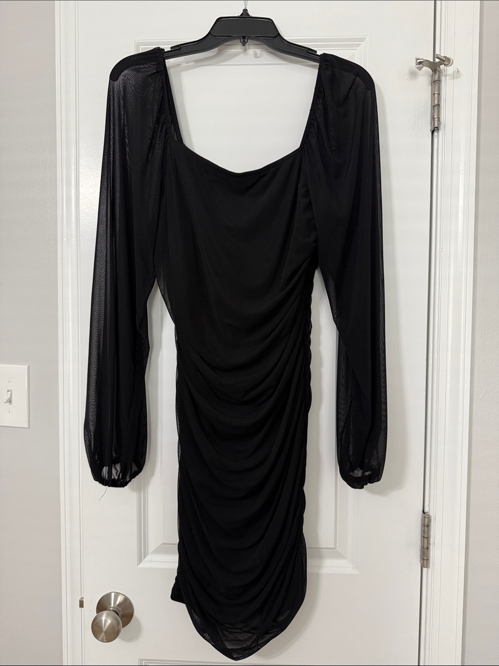 Fashion Nova Black Ruched Long-Sleeve Mesh Bodycon Dress
